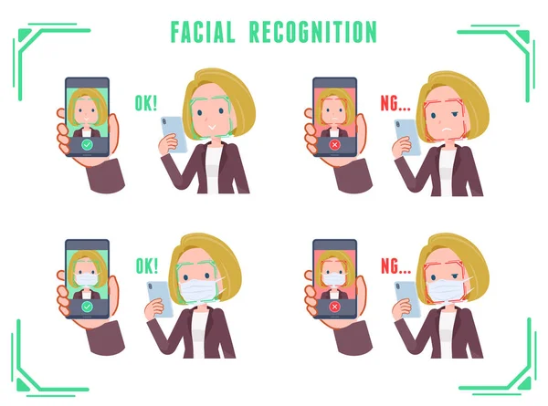 stock vector A set of blond hair business women doing facial recognition on their phones.It's vector art so easy to edit.