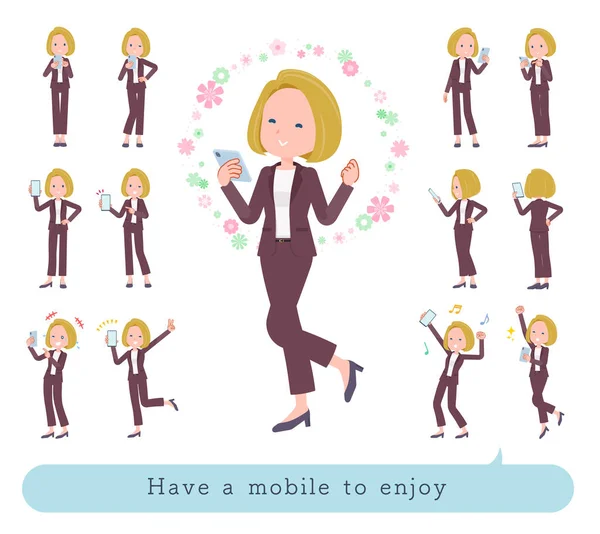 Zestaw Blond Włosy Biznes Kobiety Cieszyć Się Pomocą Smartphone Sztuka — Wektor stockowy