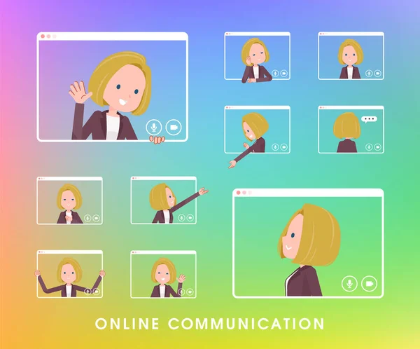 Set Blond Hair Business Women Communicating Online Vector Art Easy — Stock Vector