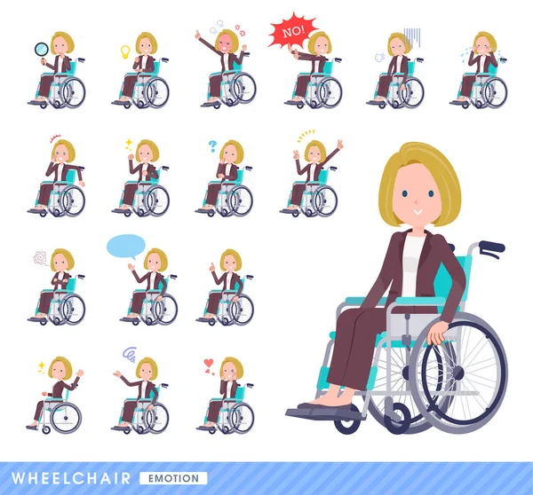 Sada Blond Vlasy Podnikání Ženy Invalidním Vozíku Zobrazuje Emoce Jako — Stockový vektor