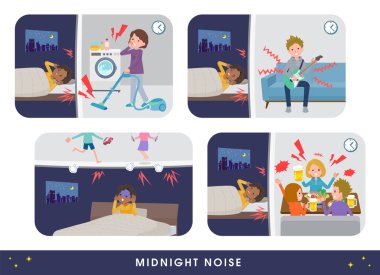 Komşularının gürültüsünden muzdarip bir grup siyahi iş kadını. Bu vektör sanatını düzenlemek çok kolay..