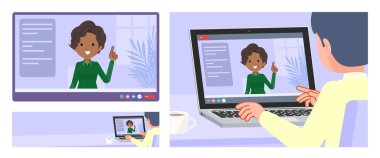 Bir grup siyahi iş kadını görüntülü konuşma yapıyor. Vektör sanatını düzenlemek çok kolay..