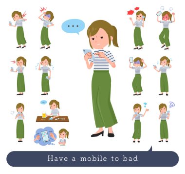 Bir dizi sıradan moda kadınından mutsuzluğa akıllı telefon kullanarak. Vektör sanatını düzenlemek çok kolay..