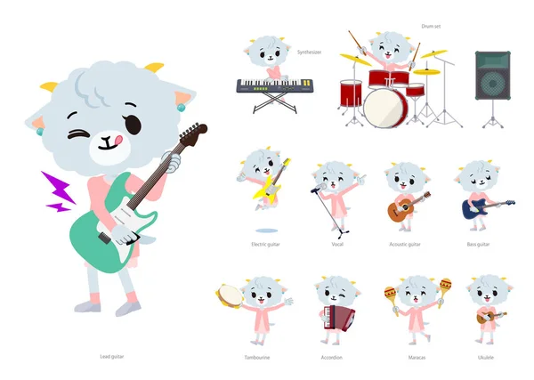 Een Set Van Sheep Meisje Spelen Rock Roll Pop Muziek — Stockvector