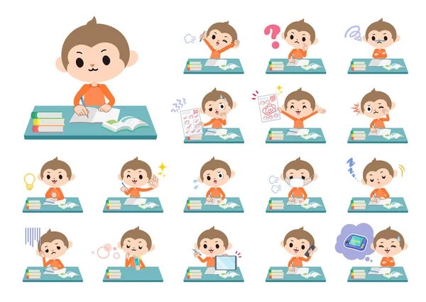 Set Monkey Boy Study Vector Art Easy Edit — Stock Vector