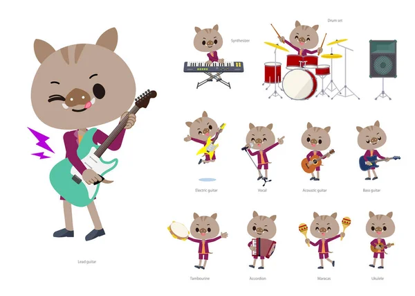 Een Set Van Boar Boy Spelen Rock Roll Pop Muziek — Stockvector