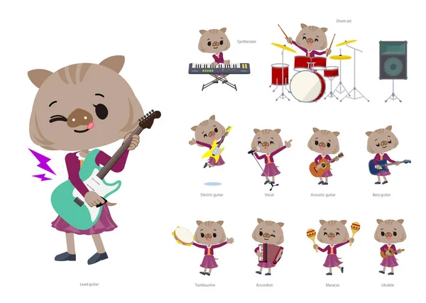 Een Set Van Boar Meisje Spelen Rock Roll Pop Muziek — Stockvector