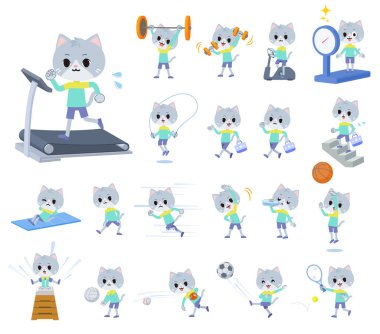Spor ve egzersiz yapan bir kedi çocuk seti. Vektör sanatı olduğu için düzenlemesi kolay..