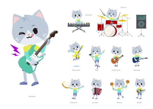 Een Set Van Cat Boy Spelen Rock Roll Pop Muziek — Stockvector