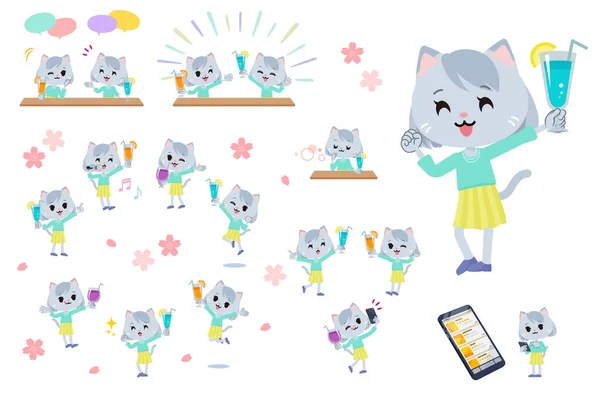 Sada Cat Girl Párty Pití Vektorové Umění Takže Snadné Upravit — Stockový vektor