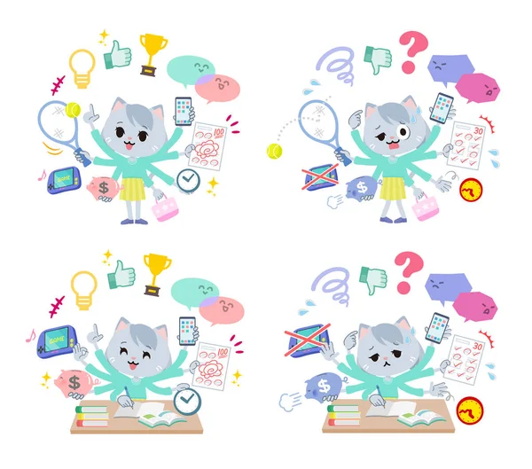 Een Set Van Cat Meisje Die Multitasking Vector Art Dus — Stockvector