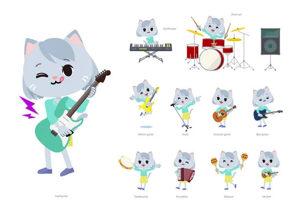 Set Cat Girl Che Suona Musica Rock Roll Pop Arte — Vettoriale Stock
