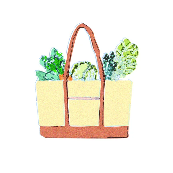 Bevásárlótáska Zöldséggel Egy Akvarell Érintés — Stock Fotó