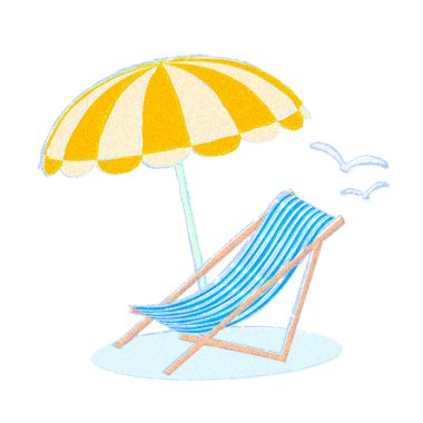 Şemsiye ve güneş yatağı. Suluboya bir dokunuş..