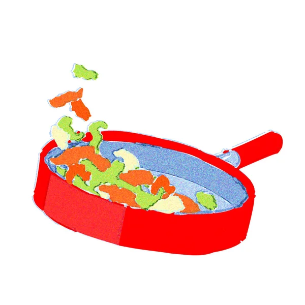 Fry Vegetables Frying Pan Watercolor Touch — Stock Photo, Image