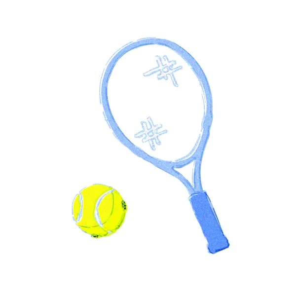 网球的球拍和球 这是一种水彩画 — 图库照片
