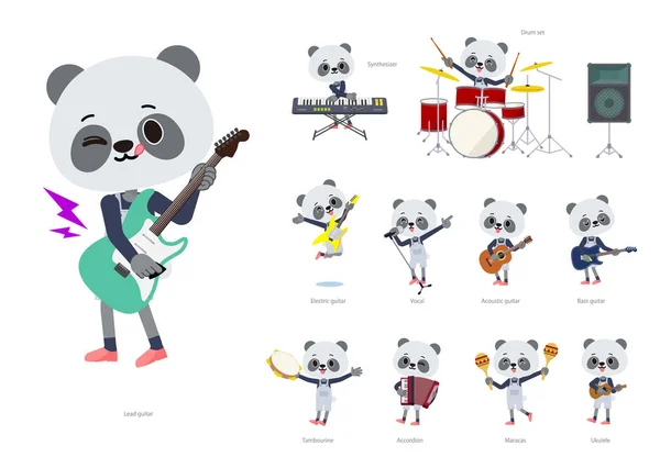 Set Panda Boy Che Suona Musica Rock Roll Pop Arte — Vettoriale Stock