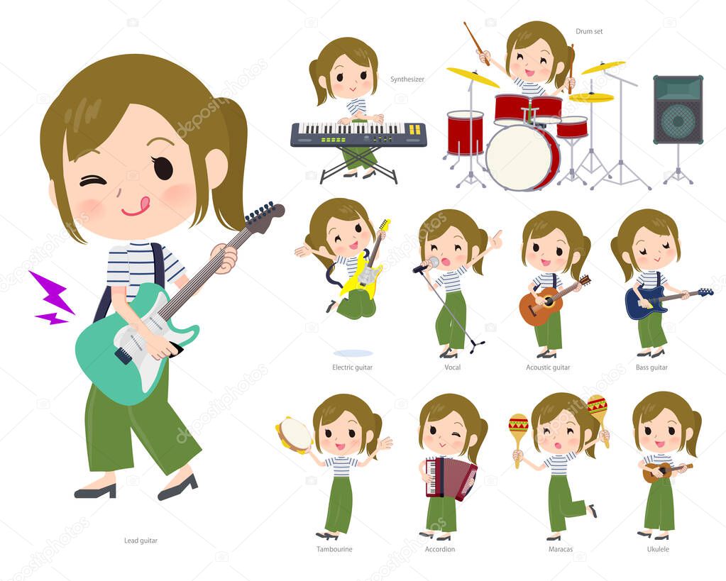 A set of Casual fashion women playing rock 'n' roll and pop music.It's vector art so easy to edit.