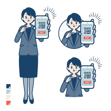 Takım elbiseli orta yaşlı bir iş kadını. Akıllı telefon görüntülerine parasız ödeme yapıyor. Bu vektör sanatı..