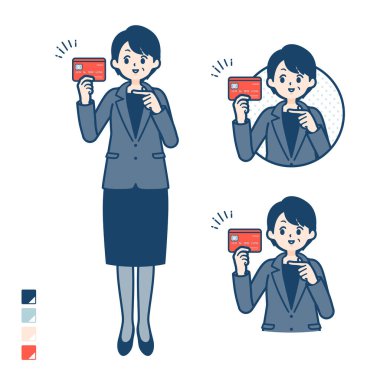 Takım elbiseli, kredi kartı görüntülerine bakan orta yaşlı bir iş kadını. Vektör sanatı olduğu için düzenlemek kolay..