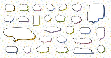 Beyaz zemin üzerinde gölge tasarımları olan renkli konuşma baloncukları, çeşitli şekiller