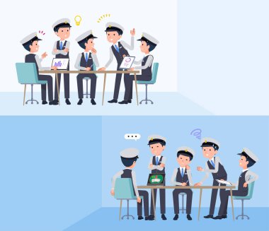 Bir grup erkek sürücü intraserebral toplantı yapıyor. Vektör sanatını düzenlemek çok kolay..