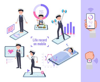 Akıllı telefonlarında davranışlarını ve sağlıklarını kontrol eden bir grup erkek sürücü. Yönlendirmesi çok kolay bir vektör sanatı..