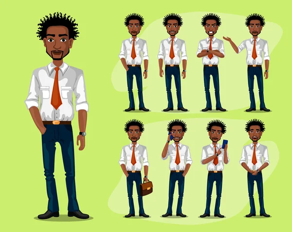 Homem negro em um estilo de negócio. conjunto de poses e emoções — Vetor de Stock