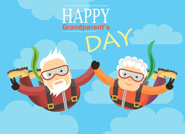 Grandparents jump with a parachute and holding hands — Stock Vector