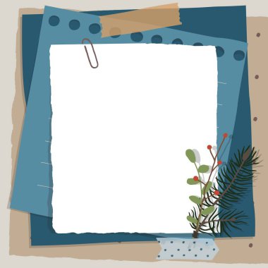 Scrapbook composition with notes paper, tapes, flowers elements and photo frame. Page for stories in winter style clipart