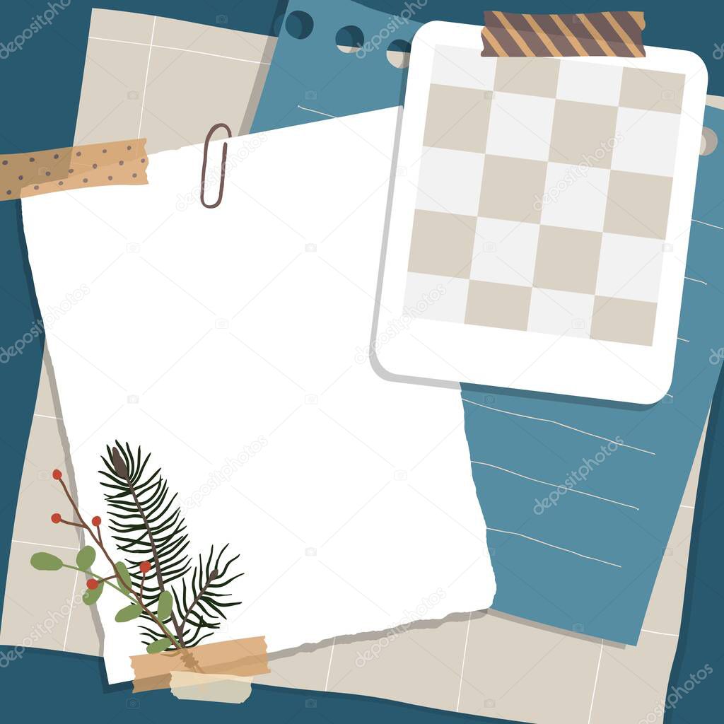 Scrapbook composition with notes paper, tapes, flowers elements and photo frame. Page for stories in winter style. Vector illustration