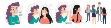 Arkadaşlık dedikoduları ve sırlar Dedikodu yapma. Dedikoducu Kız. Clipart kümesi