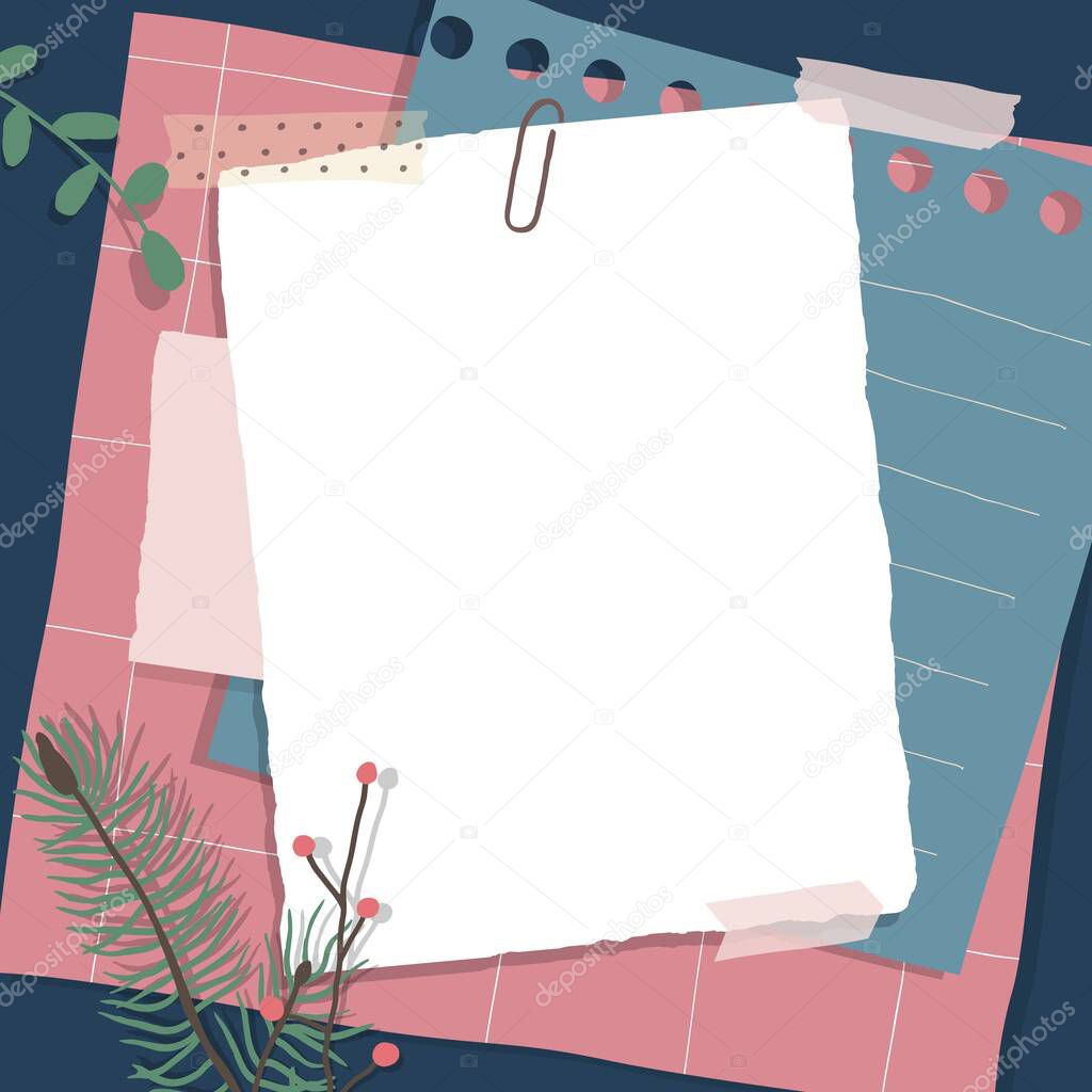 Scrapbook composition with notes paper, tapes, flowers elements and photo frame. Page for stories in winter style. Vector illustration