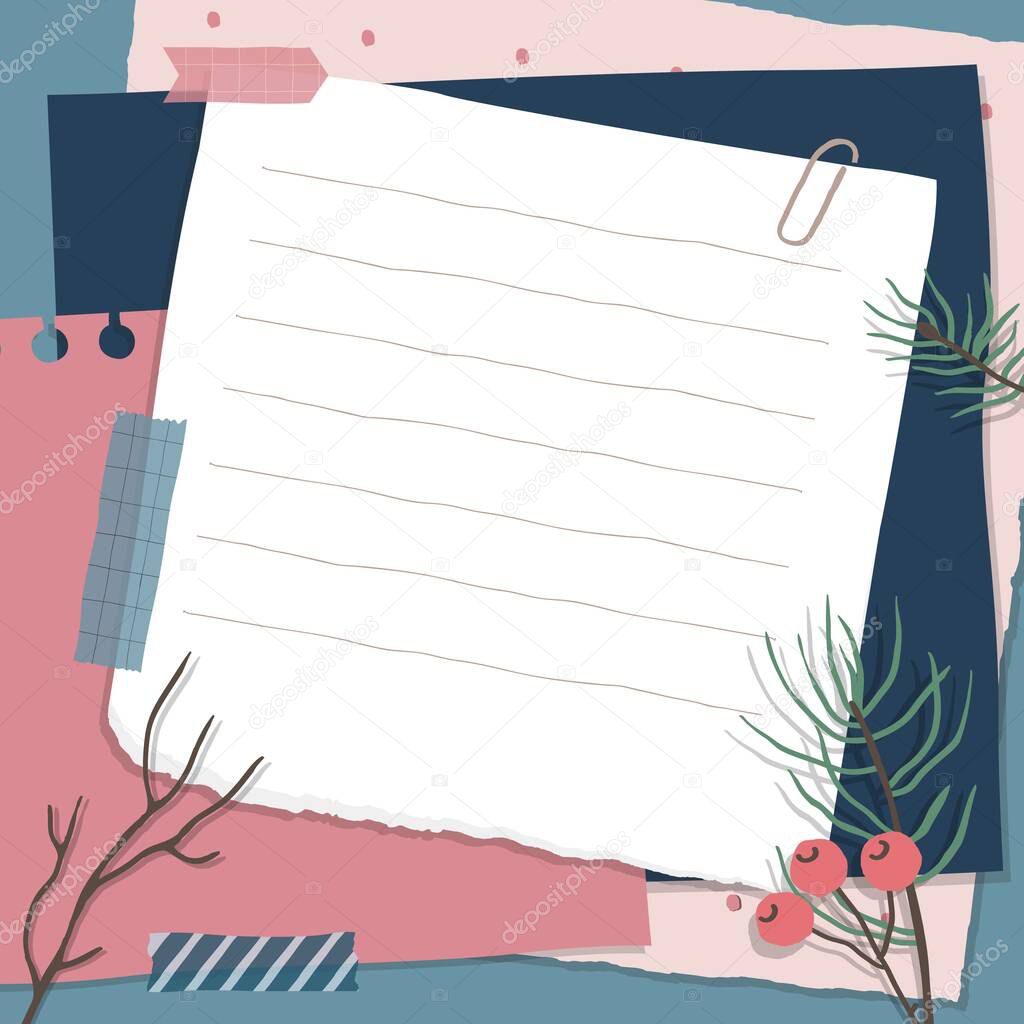 Scrapbook composition with notes paper, tapes, flowers elements and photo frame. Page for stories in winter style. Vector illustration