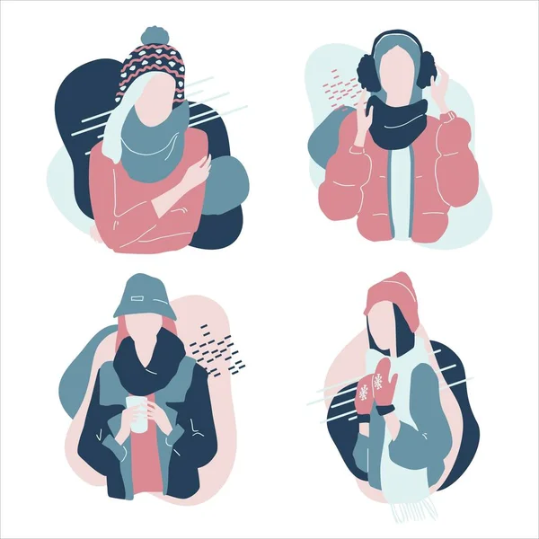 Söt tecknad illustration av vackra tonårsflickor i vinter mode kläder. Karaktärer i varma vinterkläder. Ansiktslösa tecken. — Stock vektor