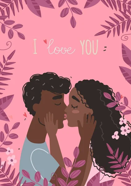 Tarjeta de San Valentín vectorial con personajes lindos. Amantes negro africano americano hombre y mujer abrazo. — Archivo Imágenes Vectoriales