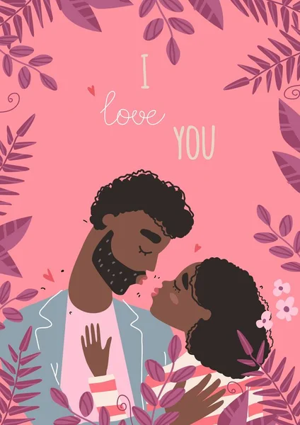 Tarjeta de San Valentín vectorial con personajes lindos. Amantes negro africano americano hombre y mujer abrazo. — Archivo Imágenes Vectoriales