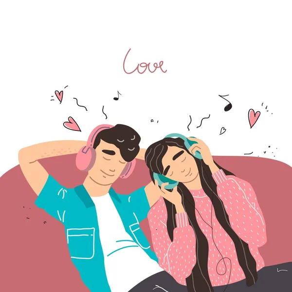 Valentinskarte. Verliebte Jungen und Mädchen hören Musik über Kopfhörer. Cliparts der Liebe. — Stockvektor
