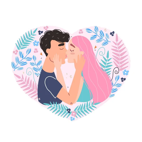 Tarjeta de San Valentín vectorial con personajes lindos. Pareja romántica enamorada besándose. Día Mundial del Beso. Clipart del amor. — Archivo Imágenes Vectoriales