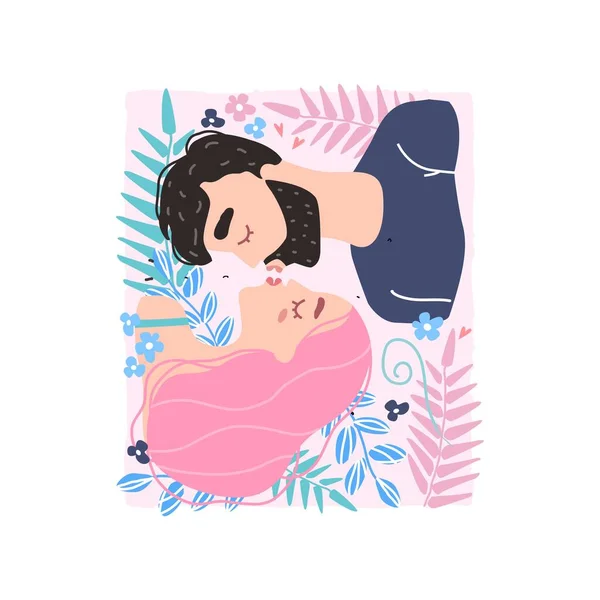 Vector valentine card com personagens bonitos. Casal romântico apaixonado por beijos. Dia Mundial dos Beijos. Clipart do amor. — Vetor de Stock