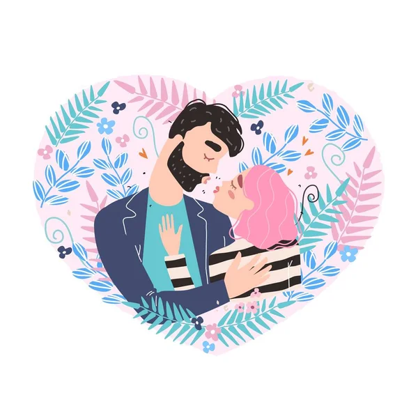 Vector valentine card com personagens bonitos. Casal romântico apaixonado por beijos. Dia Mundial dos Beijos. Clipart do amor. — Vetor de Stock