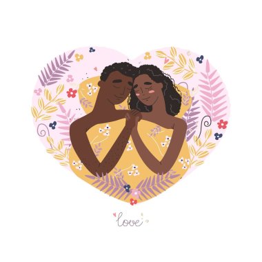 Vector valentine card with cute characters. Lovers man and black african american woman hug lying in bed . Happy family concept. clipart