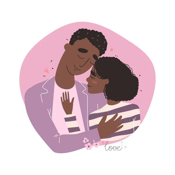 Vector valentine card com personagens bonitos. Amantes negro africano americano homem e mulher abraço. — Vetor de Stock