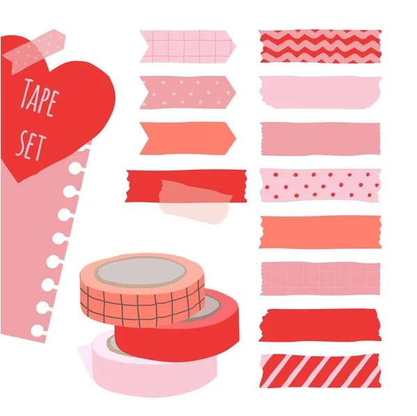 Conjunto de cinta adhesiva dibujada a mano colorida linda, etiquetas en blanco etiquetas adhesivas con patrones en colores rojo y rosa como elementos de diseño para la decoración tarjeta de San Valentín. — Archivo Imágenes Vectoriales