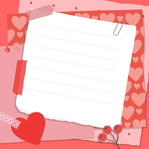Scrapbook composición con notas de papel, cintas, elementos de flores y corazón pegatina. Página para tarjeta de felicitación de San Valentín. — Vector de stock