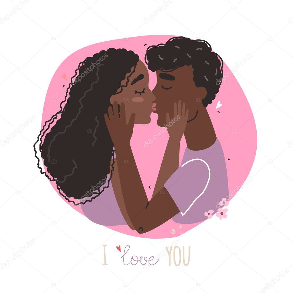 Black couple in love clipart. Vector valentine card with cute characters. Lovers black african american man and woman hug.
