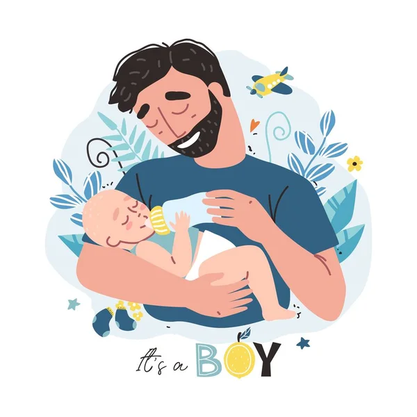 Glücklicher Vater mit seinem kleinen Baby. Vektorillustration mit niedlichen Zeichen. Es ist ein Designkonzept für Jungen. — Stockvektor