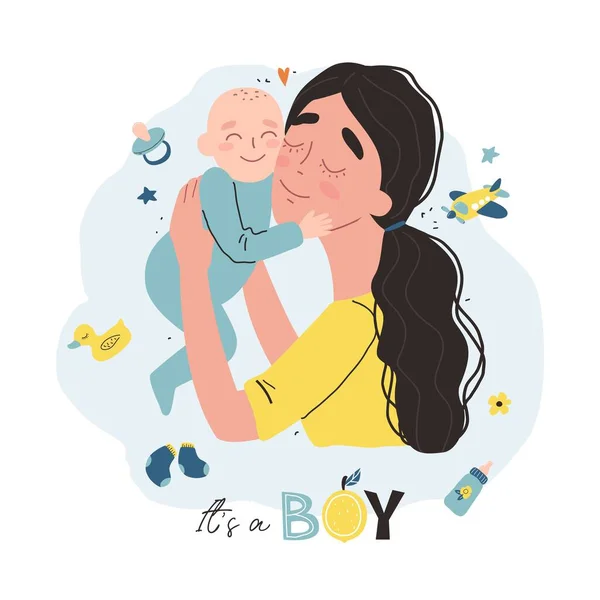 Ung mor håller i sitt lilla barn. Vektor illustration med söta tecken. Det är ett pojkdesignkoncept. — Stock vektor