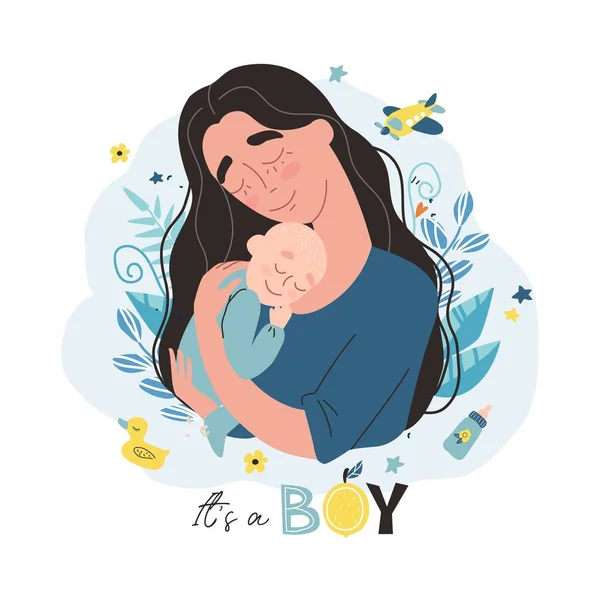 Η νεαρή μητέρα κρατάει το μωράκι της. Εικονογράφηση διάνυσμα με χαριτωμένους χαρακτήρες. Είναι ένα σχέδιο για αγόρια.. — Διανυσματικό Αρχείο