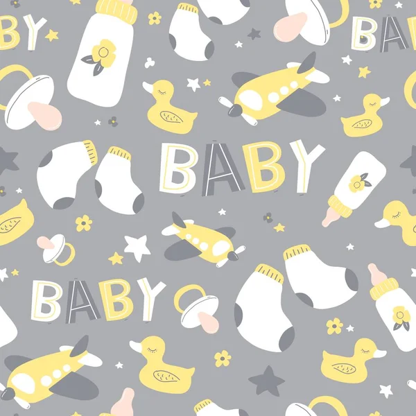 Bunte Baby nahtlose Muster. Symbole für Babyartikel. — Stockvektor